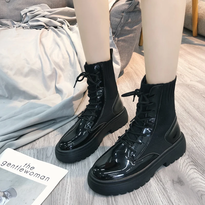2019 new patent leather women's socks brand design retro breathable women's Martin boots retro fashion ladies shoes