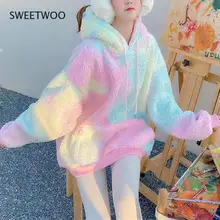 Aliexpress - Winter Rainbow Kawaii Fur Hoodies Women Warm Sweet Oversized Hoodie Female Harajuku High Street Korean Sweatshirt Women 2021 New