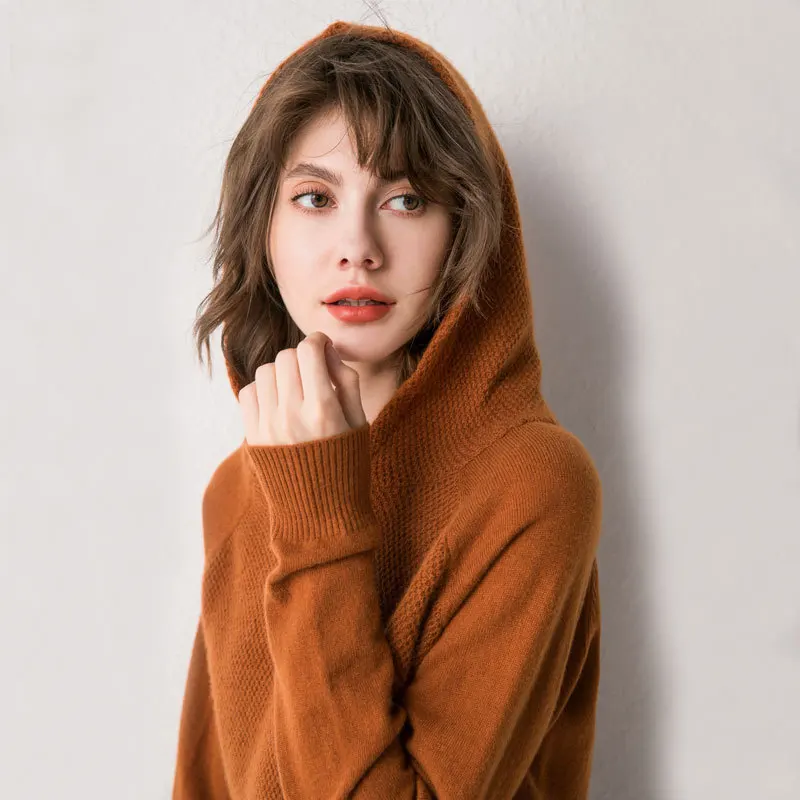 

2019 Autumn And Winter New Style Woollen Sweater Women's Hooded Honeycomb Needle Wool Hoodie Short Pullover Sweater Base Hoodie