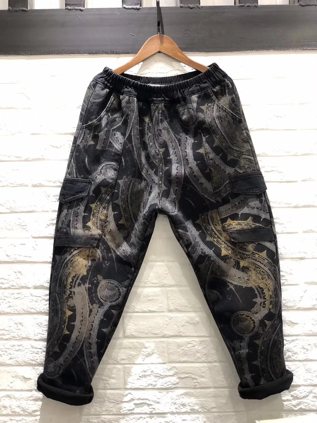 SOUL OF TIGER, зимние корейские модные женские джинсовые брюки в стиле панк, женские утепленные джинсы с принтом, Винтажные эластичные штаны-шаровары - Цвет: Черный