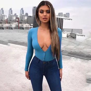 

Blue Grey Sexy Women Deep V-Neck Low Cut Full Sleeve Thin Knitted Bodysuits Autumn Tops Office Ladies Clothes Slim Jumpsuits