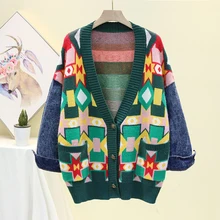 [EWQ] винтажный свободный джинсовый зеленый вязаный кардиган с длинными рукавами и v-образным вырезом, свитер, пальто, осень 219, новинка, QL136