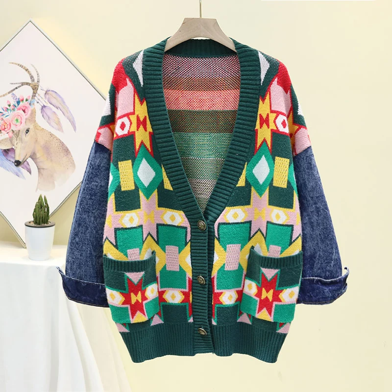 

[EWQ] Vintage Full Sleeved Embroidery Pattern V-neck Loose Denim Stitching Green Knit Cardigan Sweater Coat 219 Autumn New QL136