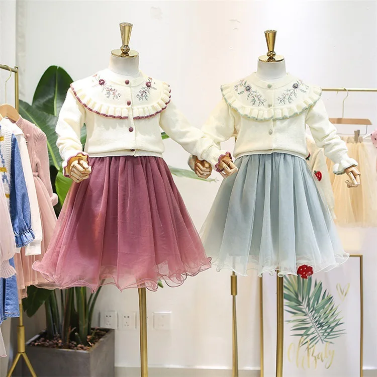 

5470 Foral Embroidery Christmas Princess Winter Fall Baby Girl Clothing Set Outwear Tops Sweater+Dress Thanksgiving GirlClothes