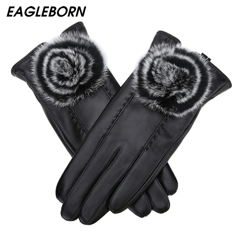 

New Leather Gloves Women Sheepskin Gloves Winter Rabbit Fur Ball Sheepskin Gloves Velvet Warm Touch Gloves Women Hairball Flower