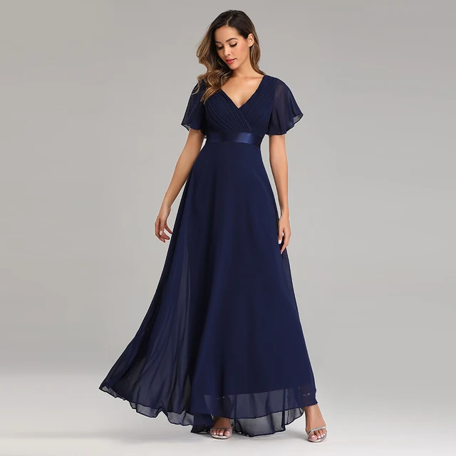 Evening Dresses XUCTHHC Elegant V-Neck Ruffles Chiffon Formal Evening Gown  Robe Vestidos De fiesta Dress for Wedding Party Navy Blue