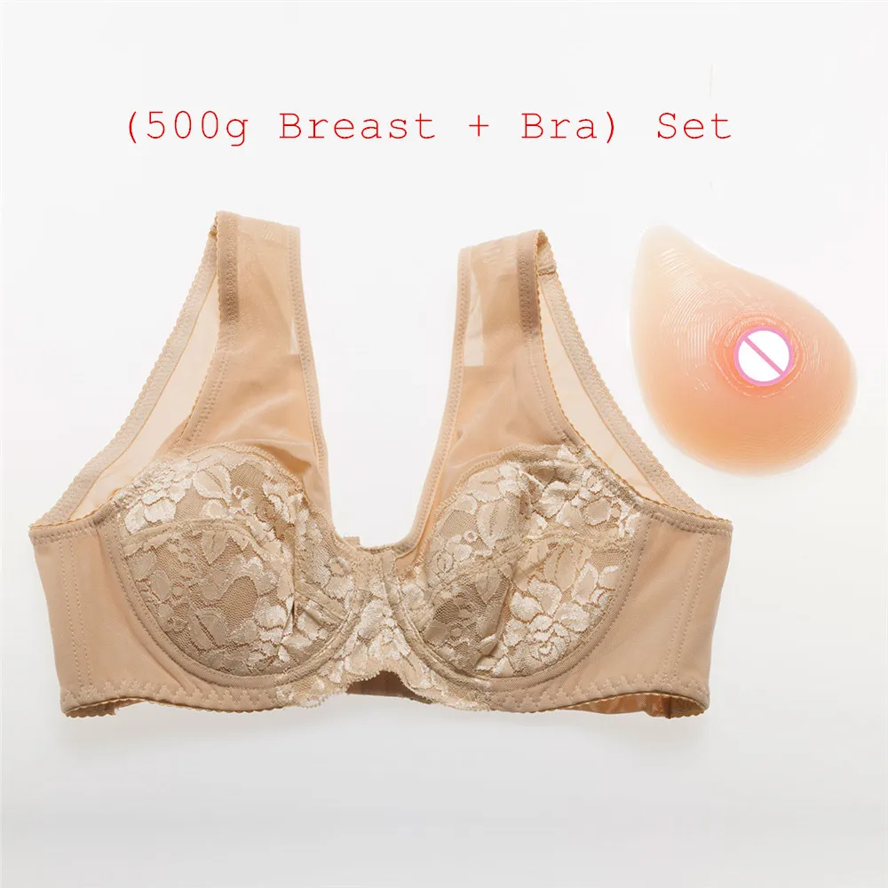 500g/pair Classic Spiral Silicone Boobs+High Quality Lace Cotton Pocket Bra) Mastectomy Fake Boobs Breast Form Bra Set
