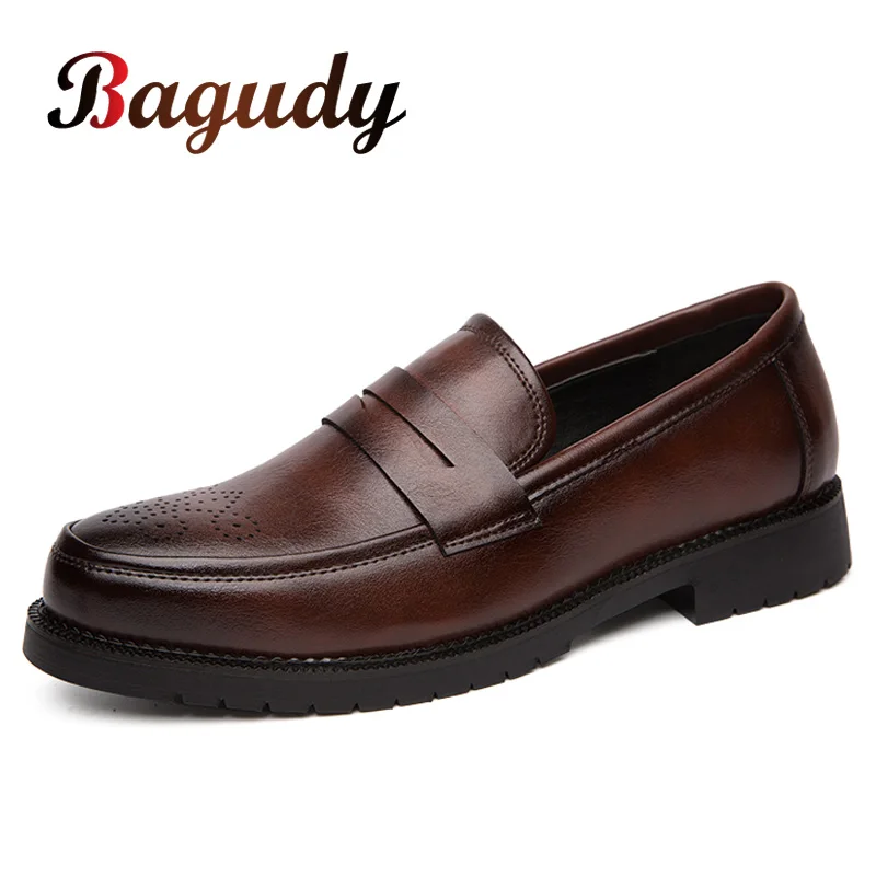 Retro Men Leather Dress Shoes Brogue Style Party Formal Shoes Wedding Flats Oxfords Slip on Fashion Loafers 46 leather shoes