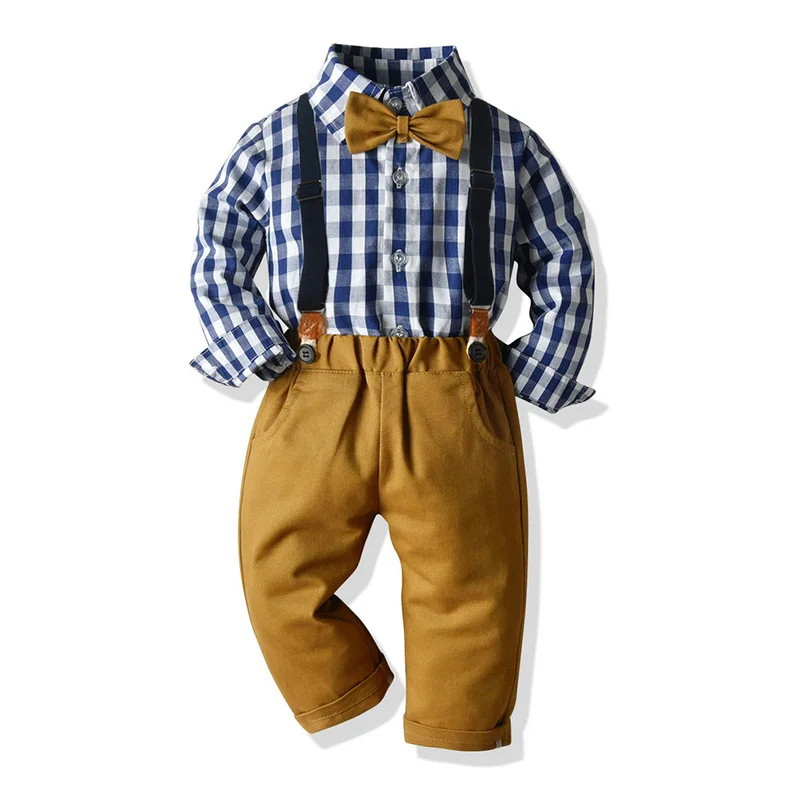 

CHILDREN'S Suit Hot Selling Autumn And Winter BOY'S Plaid Long-sleeved Shirt Bowtie Suspender Pants Two-Piece Set Gentleman-