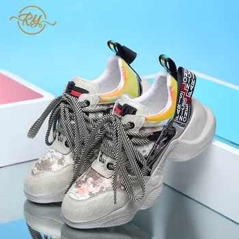 

RY-RELAA women sneakers 2020 fashion Genuine Leather white sneakers ins women wedge shoes glitter sneakers casual shoes women