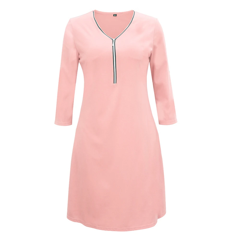 Pdfmily Fashion Women Casual Red Dresses Solid Zipper V-Neck Three Quarter Sleeve A-Line Short Loose Dress With 4 Colors