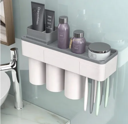 3 Cups Gray Топ продаж, держатель для зубных щеток, автоматический диспенсер для зубной пасты с чашкой, настенный стеллаж для хранения туалетных принадлежностей, набор аксессуаров для ванной комнаты - Цвет: 3 Cups Gray