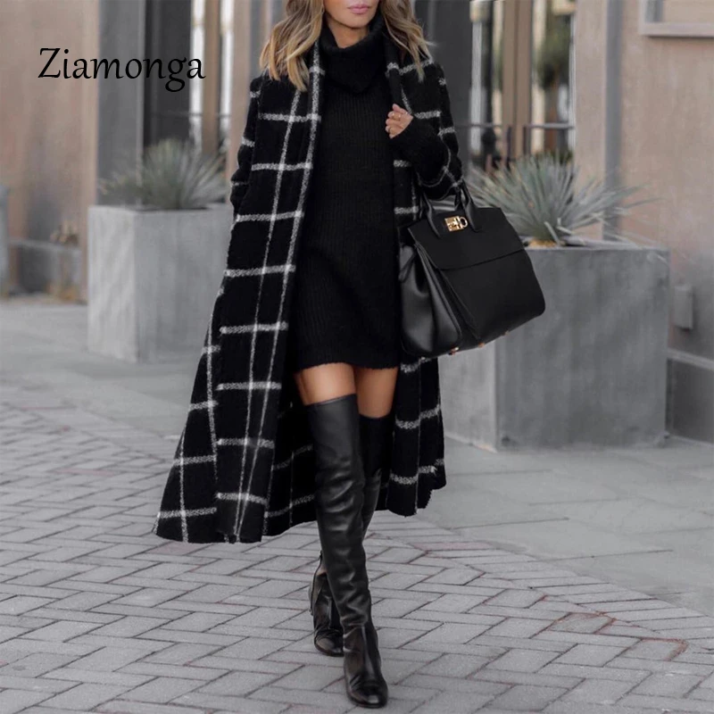 Black Ziamonga осеннее женское Шерстяное клетчатое пальто новая мода длинное шерстяное пальто облегающее Женское зимнее шерстяное пальто женская верхняя одежда - Цвет: Black