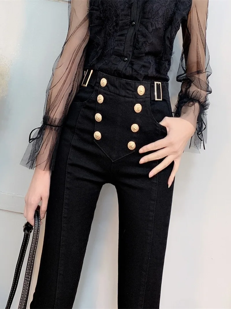 

Black Velvet Jeans Female 2020 New Style for Autumn and Winter High-Waisted Elastic Thin Wild Tight Feet Pants Women's Pants