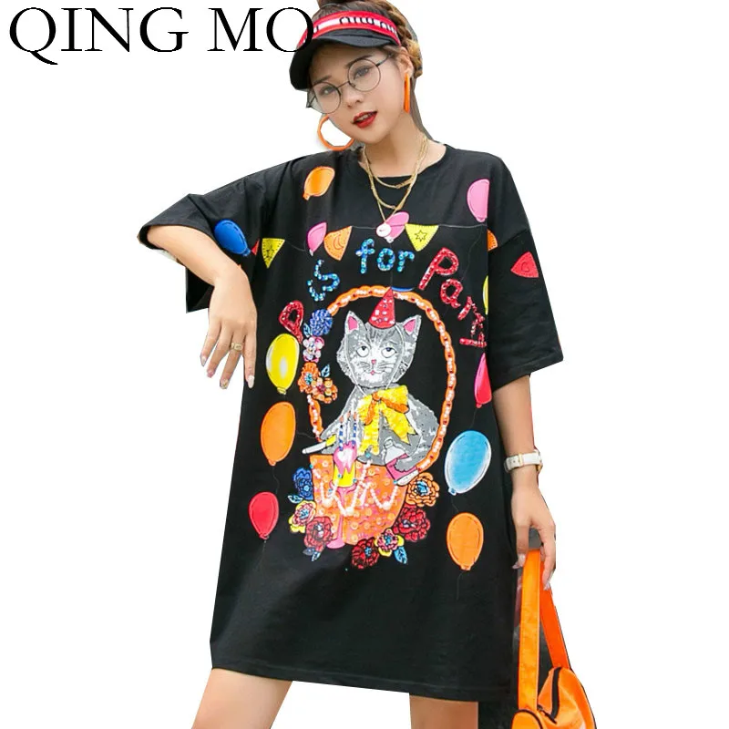 QING MO черная белая розовая Женская футболка с кошкой 2020 женская блестками и