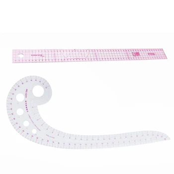 

Set of: Sewing Tailor 54 Cm Shared Double Side Metric Straight Ruler Transparent Pink & 11.8 Inch Long Comma Shaped Plastic Tran