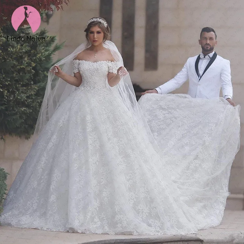 Robe De Mariee элегантное кружевное бальное платье принцессы с открытыми плечами Свадебные платья модные кружевные длинные Шлейфы для свадебных платьев