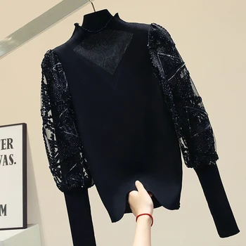 

Black Sweater Women Lantern Sleeve Slim-Fit Turtle-Neck White Lace Panel Knit Shirt Female Autumn Winter Sweater Sweter Nancylim