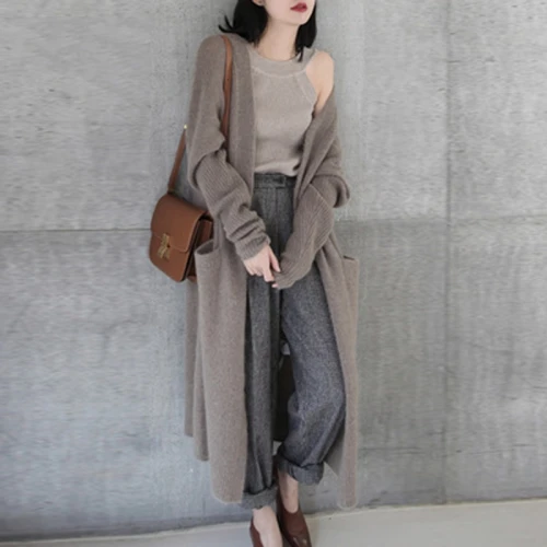 

FMFSSOM New Spring Autumn Women's Long Sweater Thickened Knitted Cardigan Casual Lazy Casual Sweater Coat