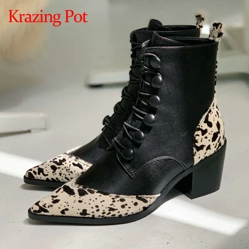 

Krazing pot cow leather horse hair pointed toe special design buttons short boots mature young lady elegant chic ankle boots L06