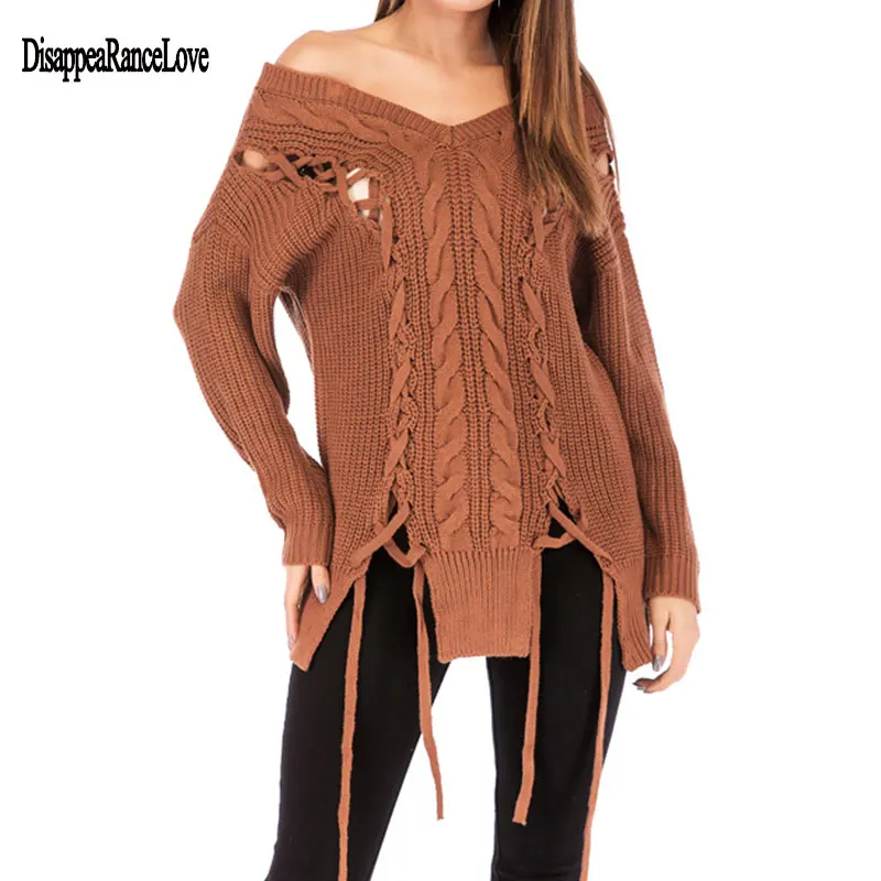 

Women V Neck Knitted Lace -Up Sweater Bandage Cross Ties Pullover Loose Casual Long Knitwear Jumper Top Sweter