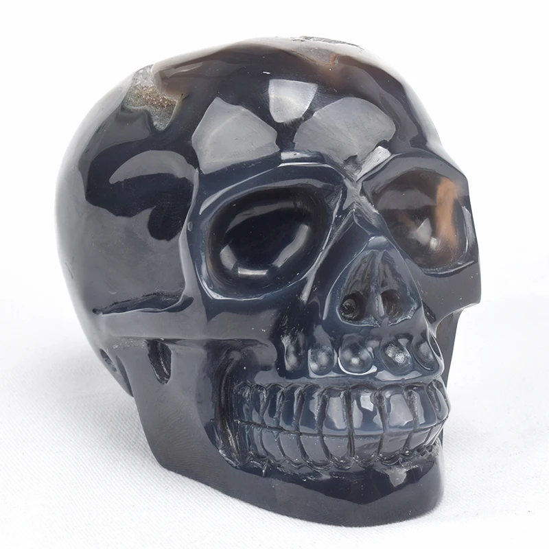 

Natural Agate Geode Hand Carved Quartz Crystal Skull Statue Reiki Healing Stone Skull Sculpture Home Decor Art Collection