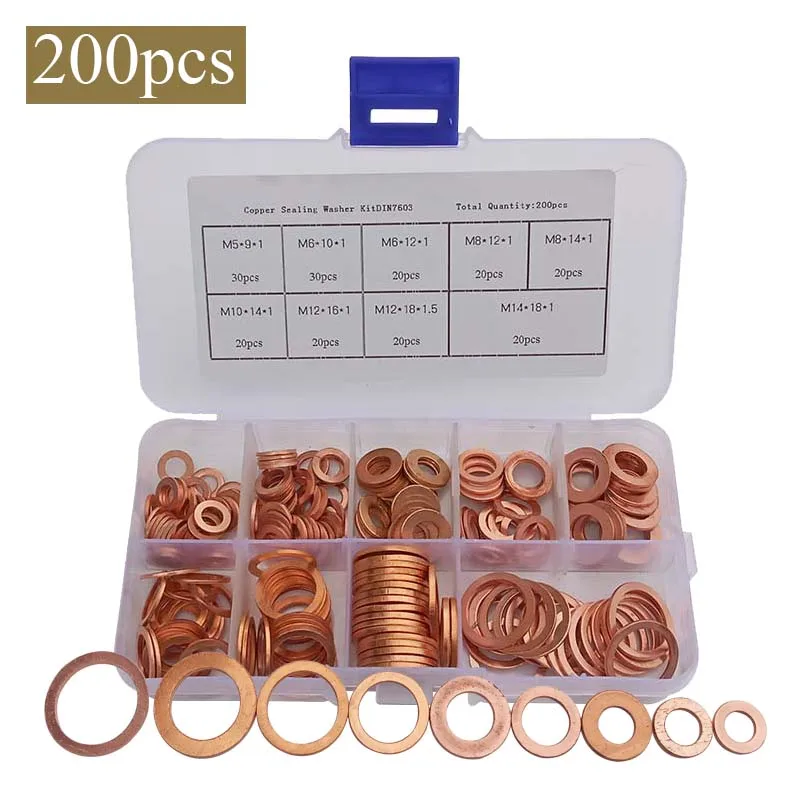200pcs Copper Washer Gasket DIY Set Flat Ring Seal Assortment Kit w/ Box M5-M14 