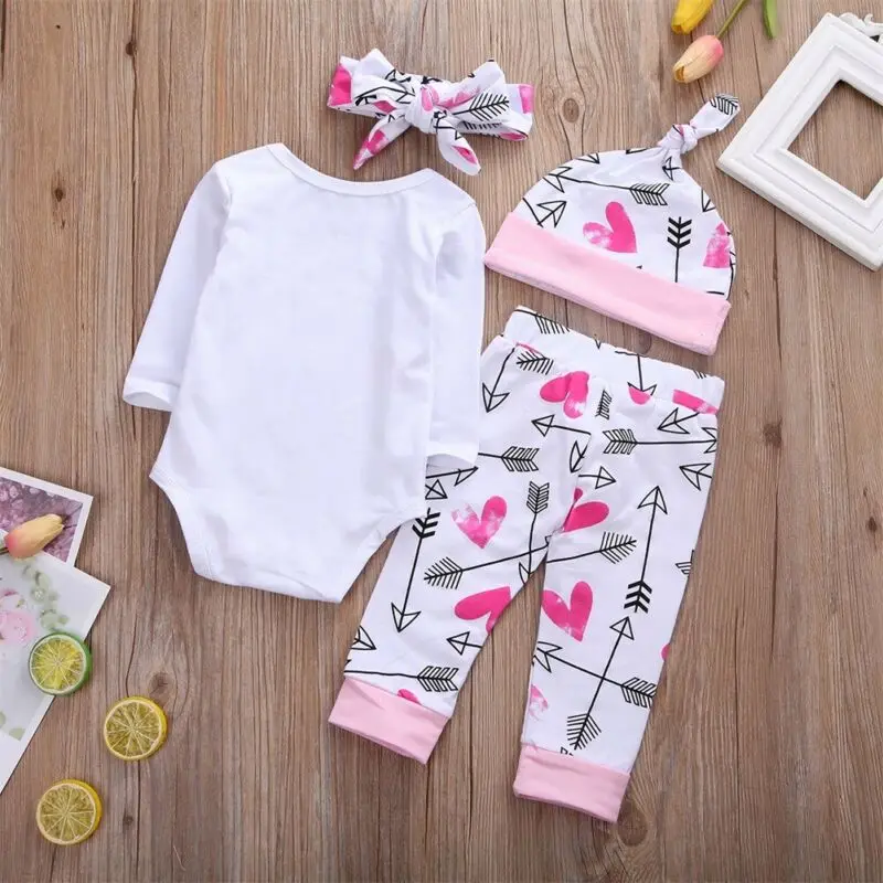 Toddler Girl Clothes Baby Girl Bodysuit Jumpsuit+Pant+ Headband+Hat 4pcs Newborn Infant Clothes Outfit