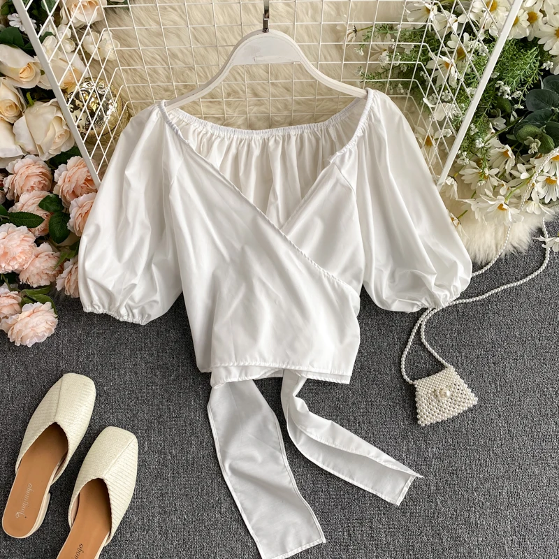 Sexy Short Crop Top Woman Puff Sleeve Strap Bow Blouse Blusas Mujer De Moda 2020 Ladies Short Shirt White Black