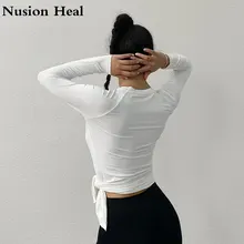 Женские спортивные белые топы с прорезями рубашки для йоги с длинным рукавом, Спортивная майка для фитнеса, футболки для бега, спортивная одежда для йоги