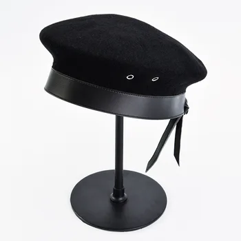 

01909-HH0114 winter wool warm pu brim fashion same star beret beret cap women leisure Pumpkin hat