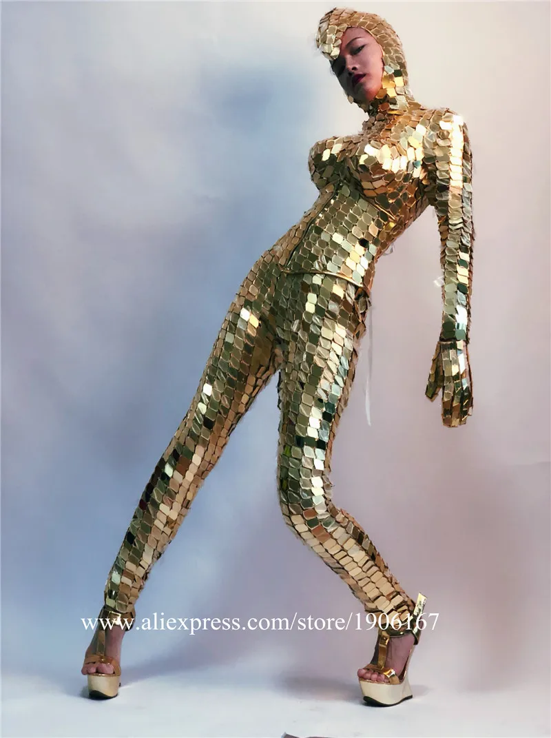 Sexy gold mirror costumes robot women suit dj perform wears mirror bodysuit singer jumpsuit mirror clothe party outfit disco04
