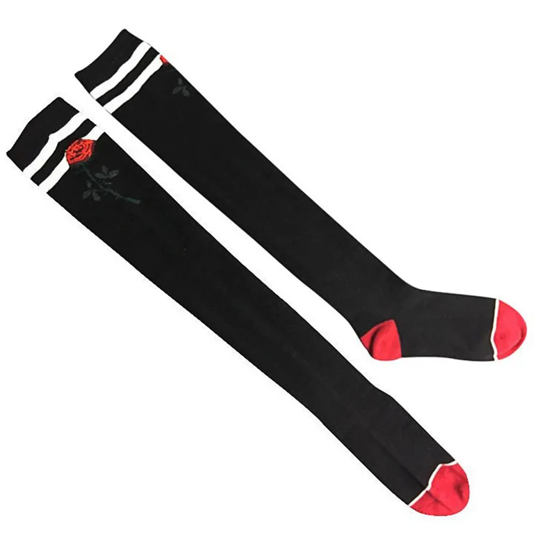 Теплые полосатые длинные носки, облегающие высокие носки, черные, белые, розовые, с вышивкой, выше колена, женские носки, calcetas largas mujer