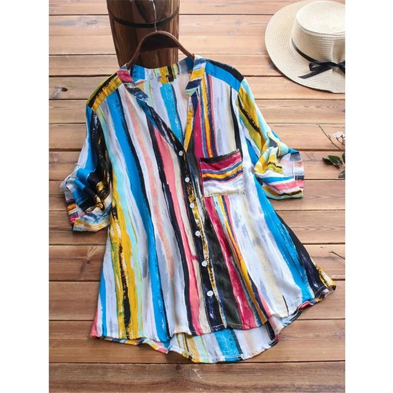 Womens Blouses And Tops New Arrival Striped V Neck Blouses Loose Baggy Tops Women Blouse Tunic Shirt Plus Size Clothes 5XL Shirt