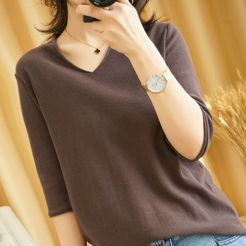 

Spring Summer Women's Knit V-Neck Loose Cotton Pullover Fashion Short Sweater Soft and comfortable Five-point sleeve
