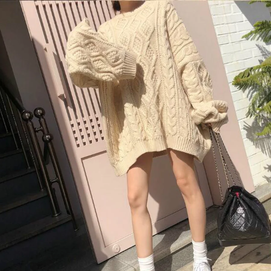 Harajuku Зимний милый элегантный свитер, вязаный пуловер для женщин, Корейская Повседневная Свободная уличная одежда с рукавами летучая мышь большого размера