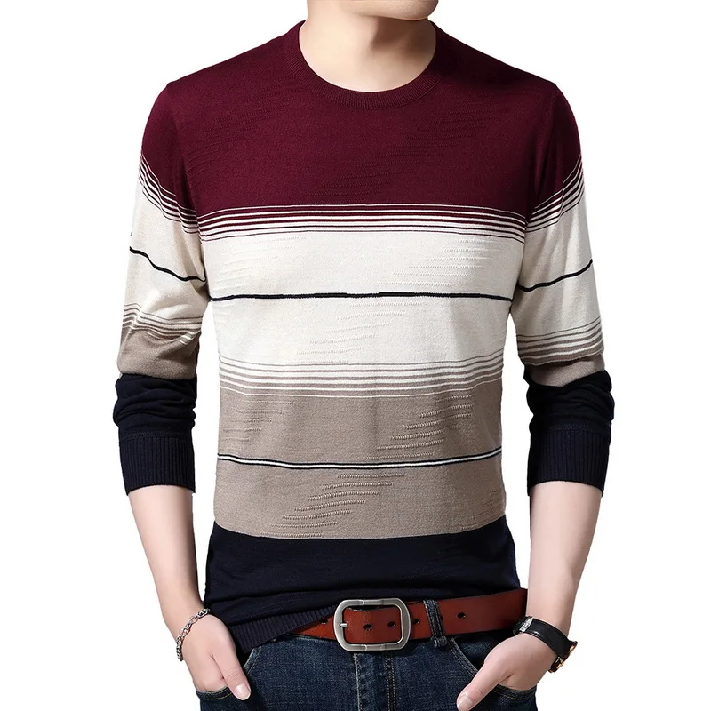 WENYUJH, осенний мужской свитер, с круглым вырезом, в полоску, облегающая Вязанная одежда, мужские свитера, пуловер для мужчин, Размер 4XL, мужская одежда - Цвет: Red