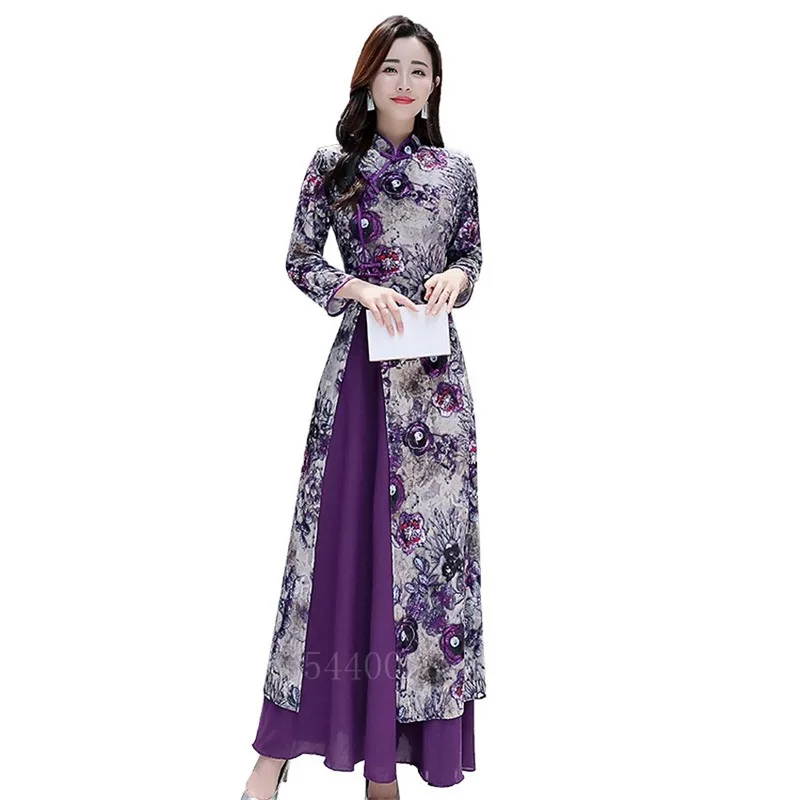 Traditional Vietnam Woman Retro Ao Dai Elegant Chinese Style Cheongsam Vintage Floral Festival Wedding Evening Qipao Dress