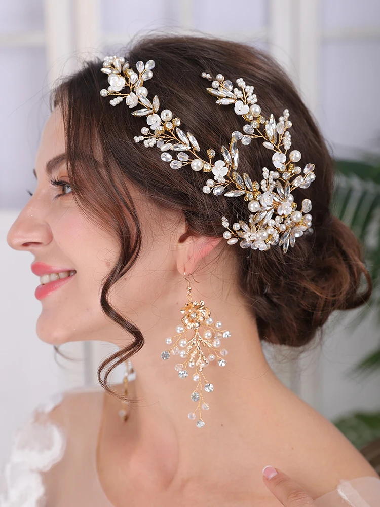 Bridal Hair Accessories Gold Wedding Hair Accessories Rhinestone Pearl Luxury Headband And Earrings For Women Bridal Headwear Hair Jewelry hair accessories bridal hair accessories