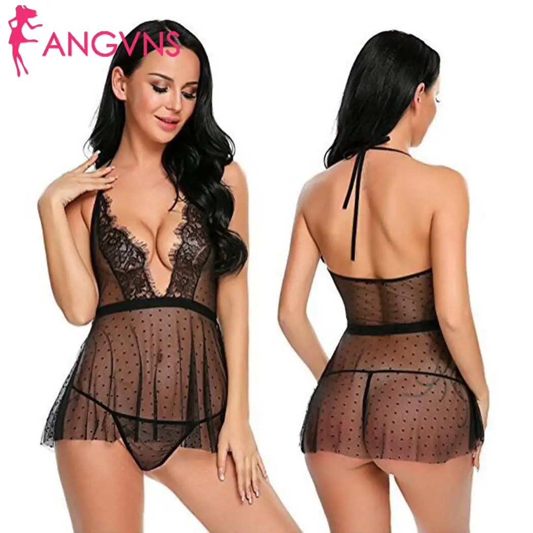 

Women Sexy Lingerie Dress G-string Set Babydoll Chemise See-through Mesh Floral Lace Patchwork Halter Porno Sleepwear Nightdress