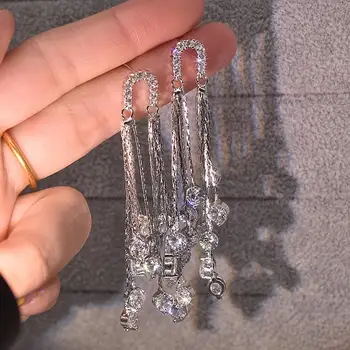 

Silver Color Exaggerated Tassel Diamond Earring 925 Jewelry Long Garnet Silver Drop Earring Women Orecchini Gemstone