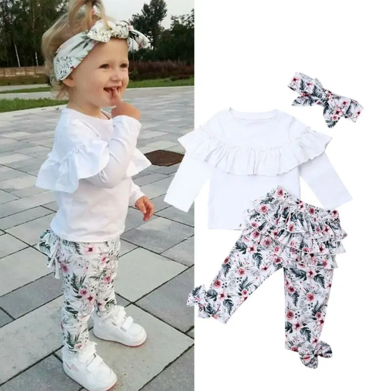 Зимняя одежда для маленьких девочек топы с оборками, футболка с длинным рукавом, штаны с цветочным рисунком повязка на голову, комплект одежды из 3 предметов
