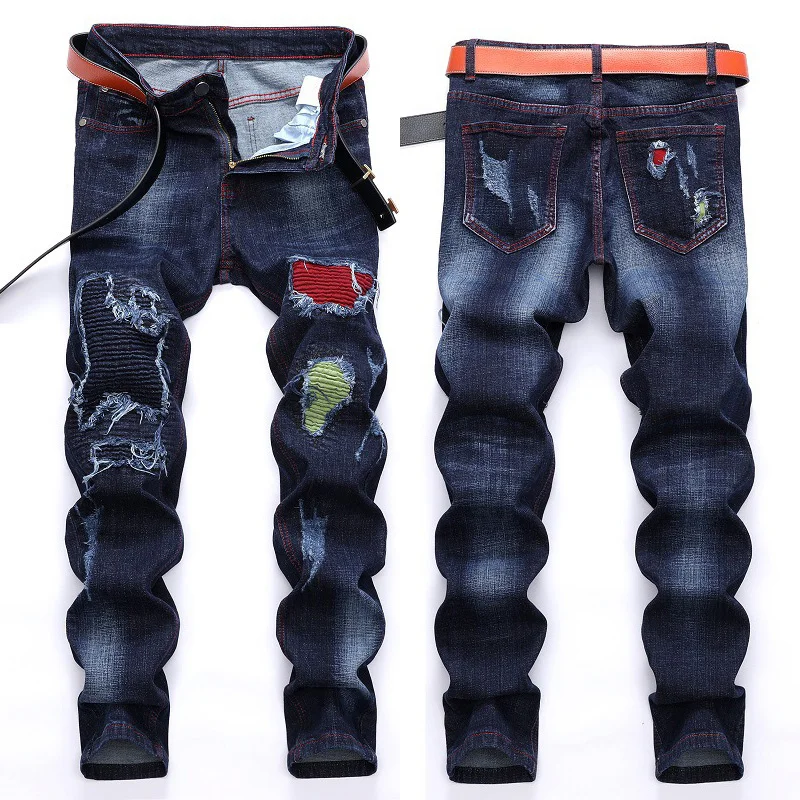 

Men’s High Quality Motor&Biker Jeans,Slim-fit Stretch Denim Pants,Ripped&Patched Scratches Blue Jeans,Youth Fashion Must;