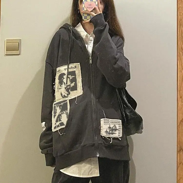 Women sweatshirt Oversized Hoodies Spring Jacket letter Print Coat Goth Harajuku Y2k aesthetic Clothes grunge Punk Jacket Zip-up cute sweatshirts