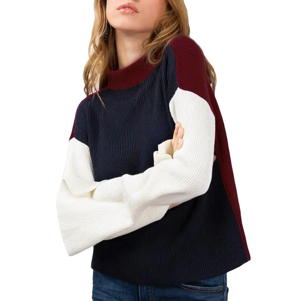 

Fashion Winter Women Sweater Top Color Block Ribbed Long Sleeve Sweater Knitted Pullover