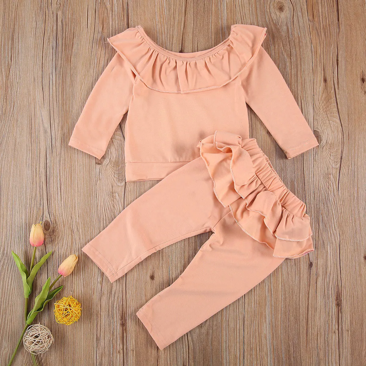 

Pudcoco Newborn Baby Girl Clothes Autumn Solid-Color Ruffle Lapel Long-Sleeves Tops Elastic-Waist Pants 2Pcs Outfits Ruffle Set