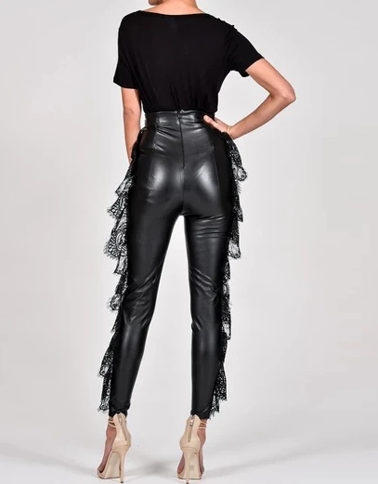 Karlofea женские черные брюки шикарные боковые кружевные оборки Лоскутные низ Элегантные повседневные наряды узкие брюки-карандаш зимние брюки