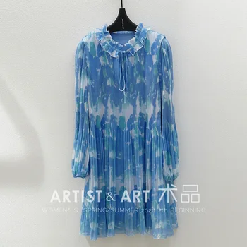 

Svoryxiu Designer Brand Summer Pleated Loose Dress Women's Fashion Lantern Sleeve Blue Print High End Mini Dresses 2020