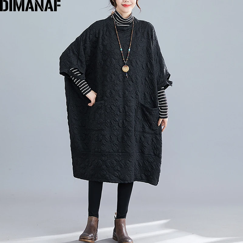DIMANAF, зимнее женское платье выше размера, винтажное, утолщенное, хлопковое, женское, свободное, элегантное, для девушек, Vestidos, с цветами, с карманами, размера плюс