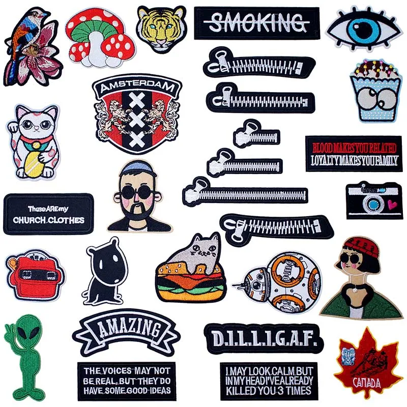 Zipper No Smoking Banners Embroidered Iron on Patches for DIY Stripes Clothes Patchwork Sticker Applique